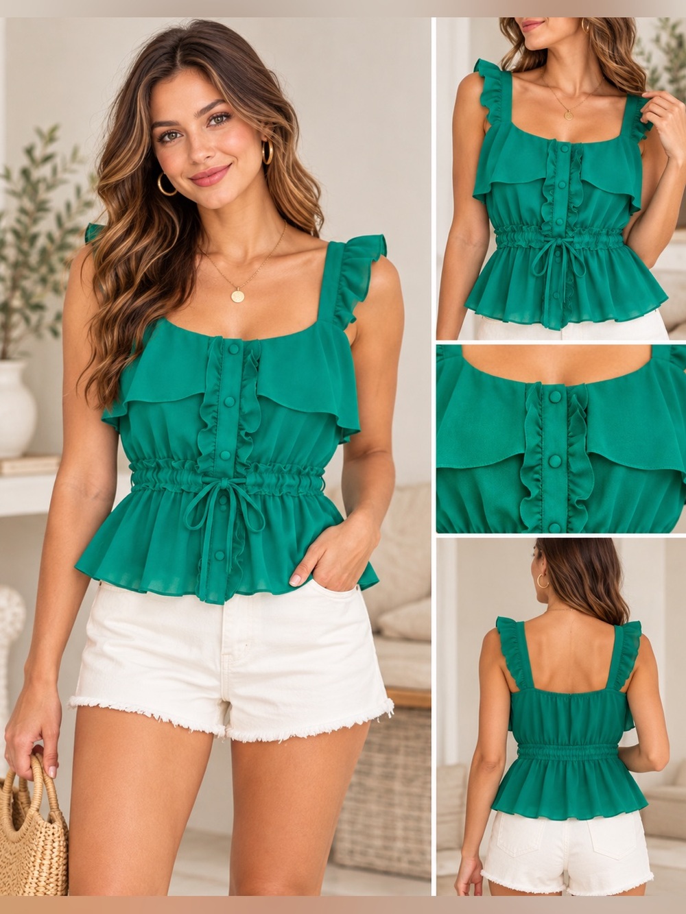 New York & Company Size S Emerald Green Ruffle Peplum Tank Top